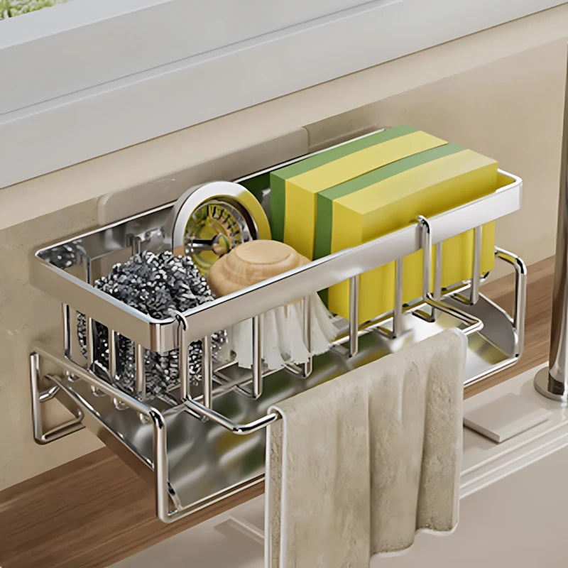 Over Sink Kitchen Organizer | Faucet Mounted Sponge Holder & Drying Rack | Stainless Steel Sink Caddy for Brushes and Cleaning Tools