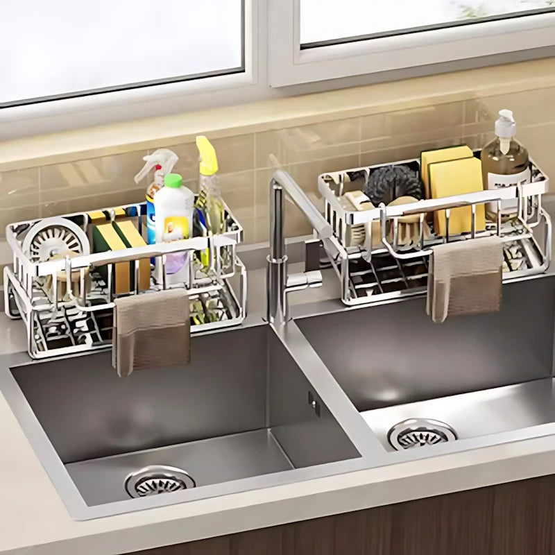 Over Sink Kitchen Organizer | Faucet Mounted Sponge Holder & Drying Rack | Stainless Steel Sink Caddy for Brushes and Cleaning Tools
