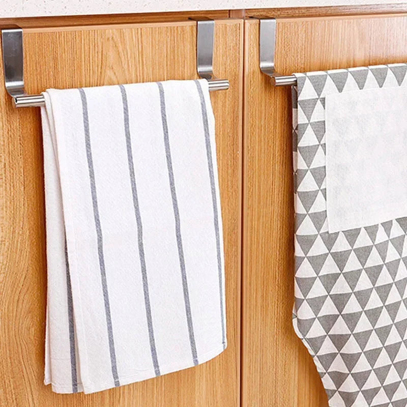Stainless Steel Over Cabinet Towel Bar | Punch-Free Kitchen & Bathroom Door Towel Holder | Hanging Organizer Rack