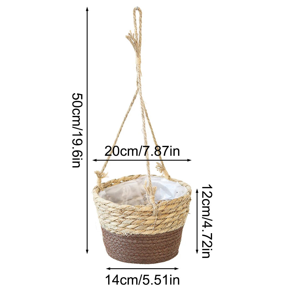 Straw Hanging Basket Flower Planter | Handwoven Twine Woven Plant Basket for Indoor & Outdoor Home Decor