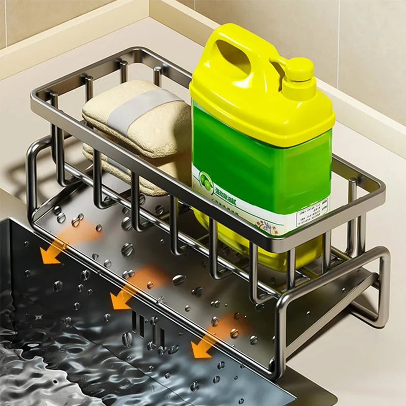 Kitchen Sink Organizer Rack | Carbon Steel Sponge Holder with Drain Tray | Countertop Kitchen Sink Caddy for Brushes & Soap Storage