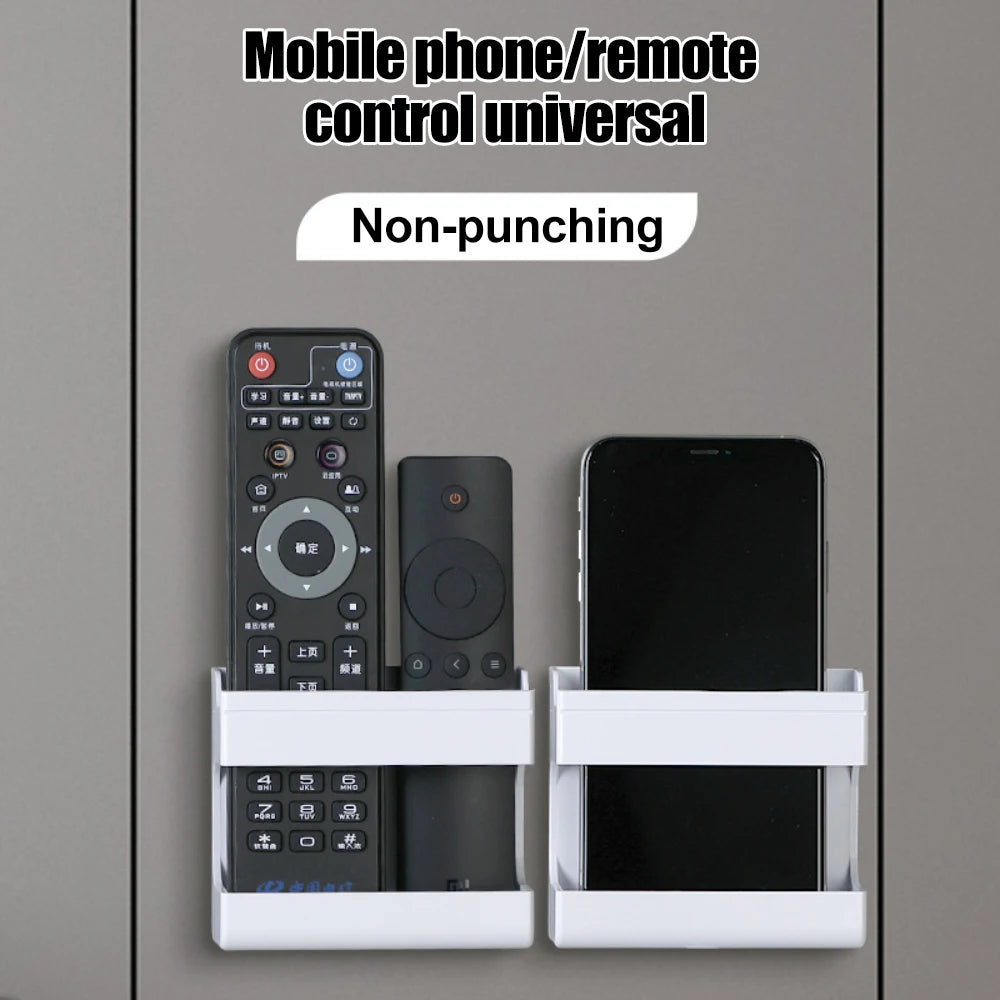 Wall Mount Remote Control & Phone Holder | Punch-Free Adhesive Organizer Box | Charging Storage Stand for Living Room & Bedroom