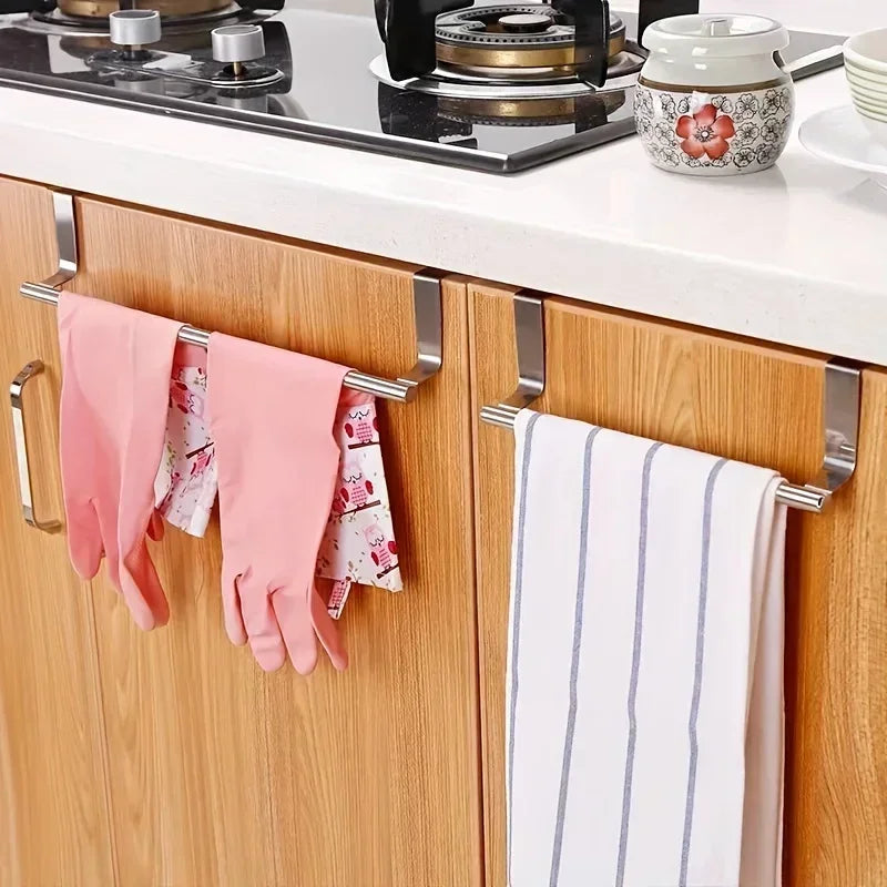 Stainless Steel Over Cabinet Towel Bar | No Drilling Kitchen & Bathroom Door Towel Holder | Hanging Organizer Rack | Bar Only. Towel NOT Included