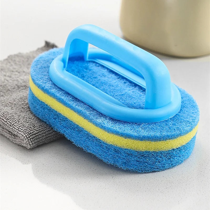 Household Cleaning Brush with Handle | Thick Sponge Scrub Brush for Kitchen & Bathroom | Bathtub Sink Floor & Wall Cleaning Tool | Reusable Scouring Brush