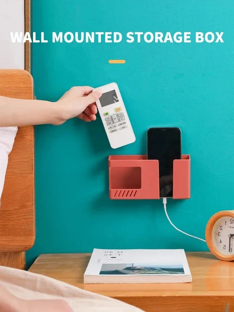 Wall Mounted Remote Controller Storage Box Mobile Phone Charging Holder Storage Box Universal Phone Stand Pen Pencil Organizer