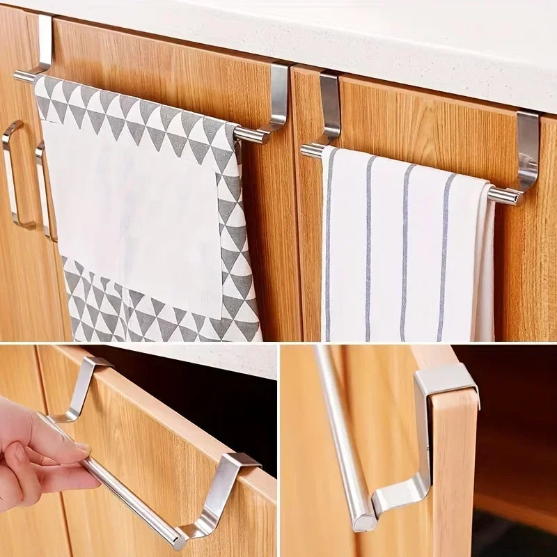 Stainless Steel Over Cabinet Towel Bar | No Drilling Kitchen & Bathroom Door Towel Holder | Hanging Organizer Rack | Bar Only. Towel NOT Included