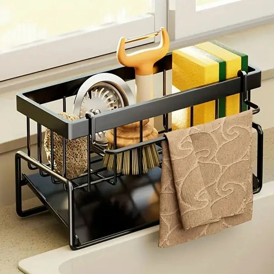 Kitchen Sink Organizer Rack | Carbon Steel Sponge Holder with Drain Tray | Countertop Kitchen Sink Caddy for Brushes & Soap Storage