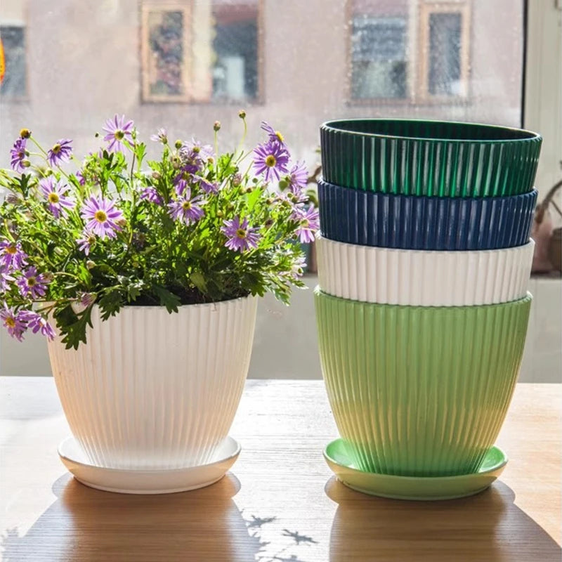 Small Indoor Flower Pot with Drainage Tray | Round Plastic Planter for Succulents, Herbs & Houseplants | Desk & Home Decor