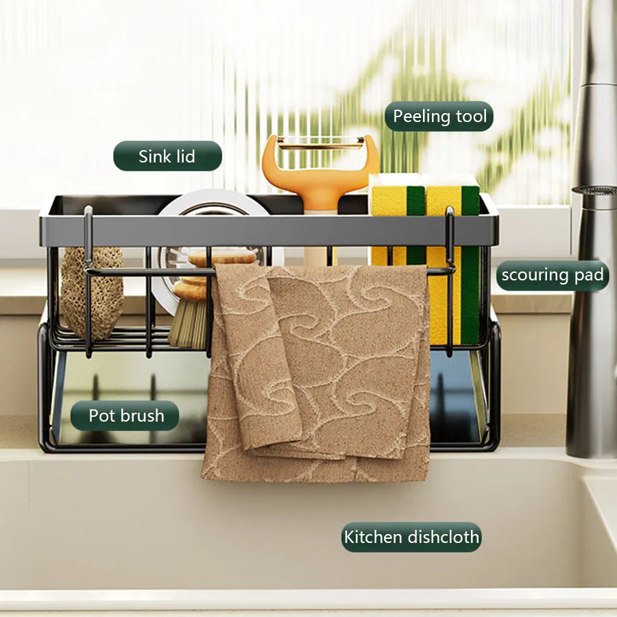 Kitchen Sink Organizer Rack | Carbon Steel Sponge Holder with Drain Tray | Countertop Kitchen Sink Caddy for Brushes & Soap Storage