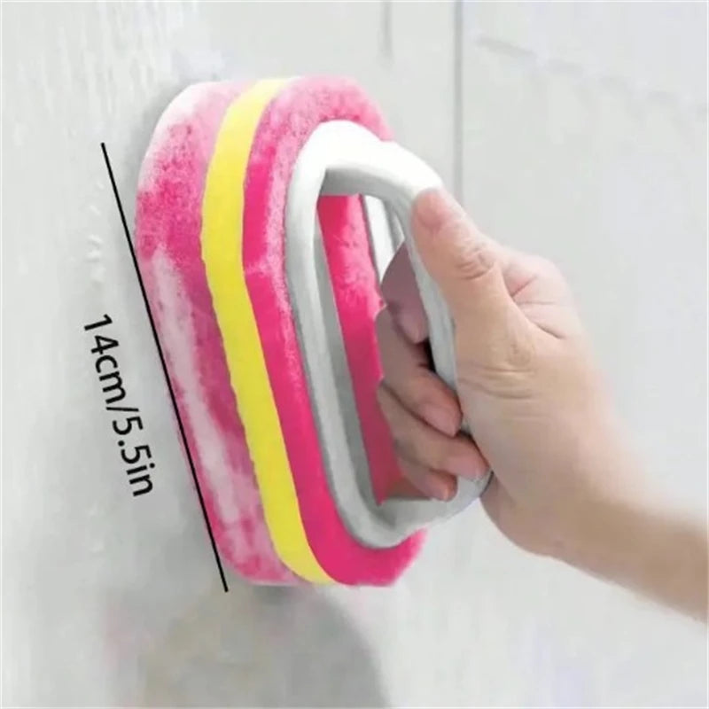 Household Cleaning Brush with Handle | Thick Sponge Scrub Brush for Kitchen & Bathroom | Bathtub Sink Floor & Wall Cleaning Tool | Reusable Scouring Brush