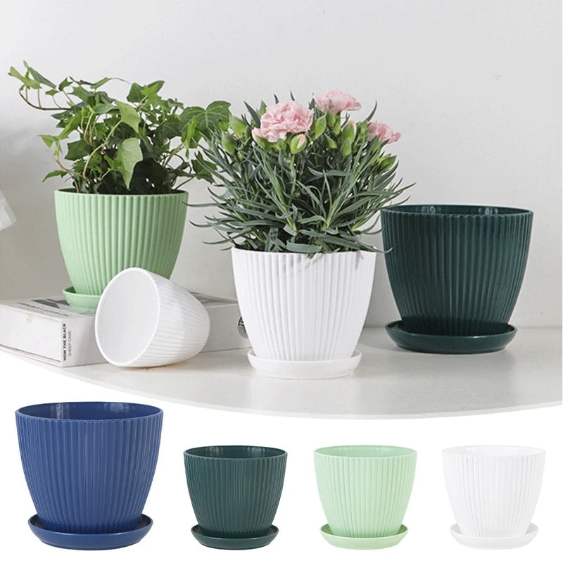 Small Indoor Flower Pot with Drainage Tray | Round Plastic Planter for Succulents, Herbs & Houseplants | Desk & Home Decor