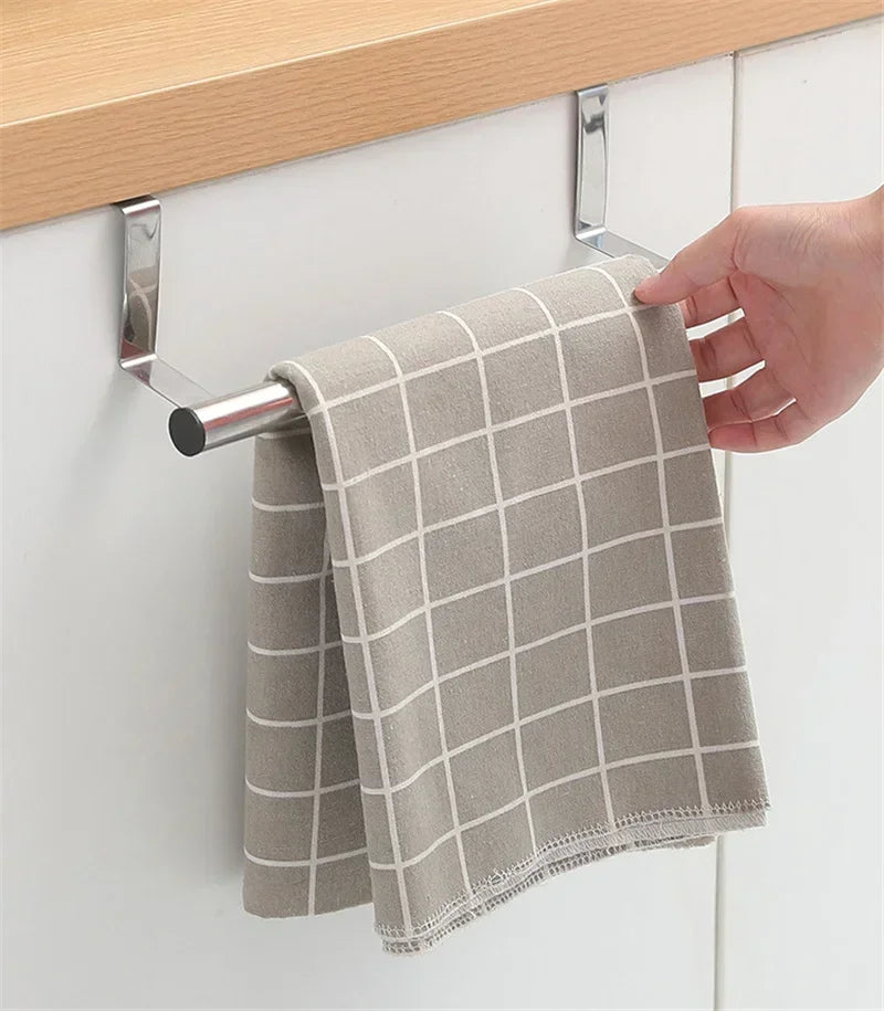 Stainless Steel Over Cabinet Towel Bar | Punch-Free Kitchen & Bathroom Door Towel Holder | Hanging Organizer Rack
