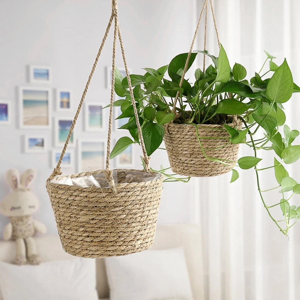 Straw Hanging Basket Flower Planter | Handwoven Twine Woven Plant Basket for Indoor & Outdoor Home Decor