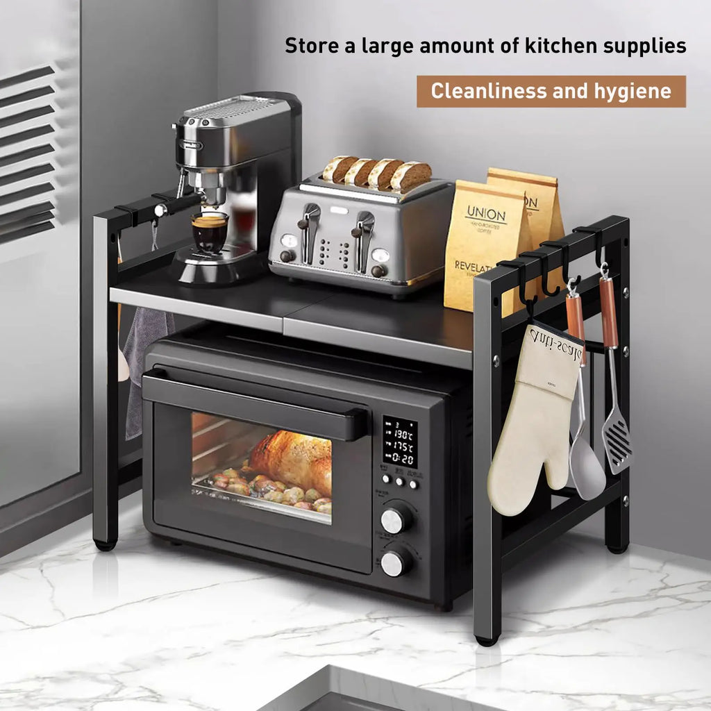 Expandable Microwave Shelf Organizer | Adjustable Kitchen Counter Storage Rack | Rust-Resistant Microwave Stand for Tableware & Kitchen Essentials