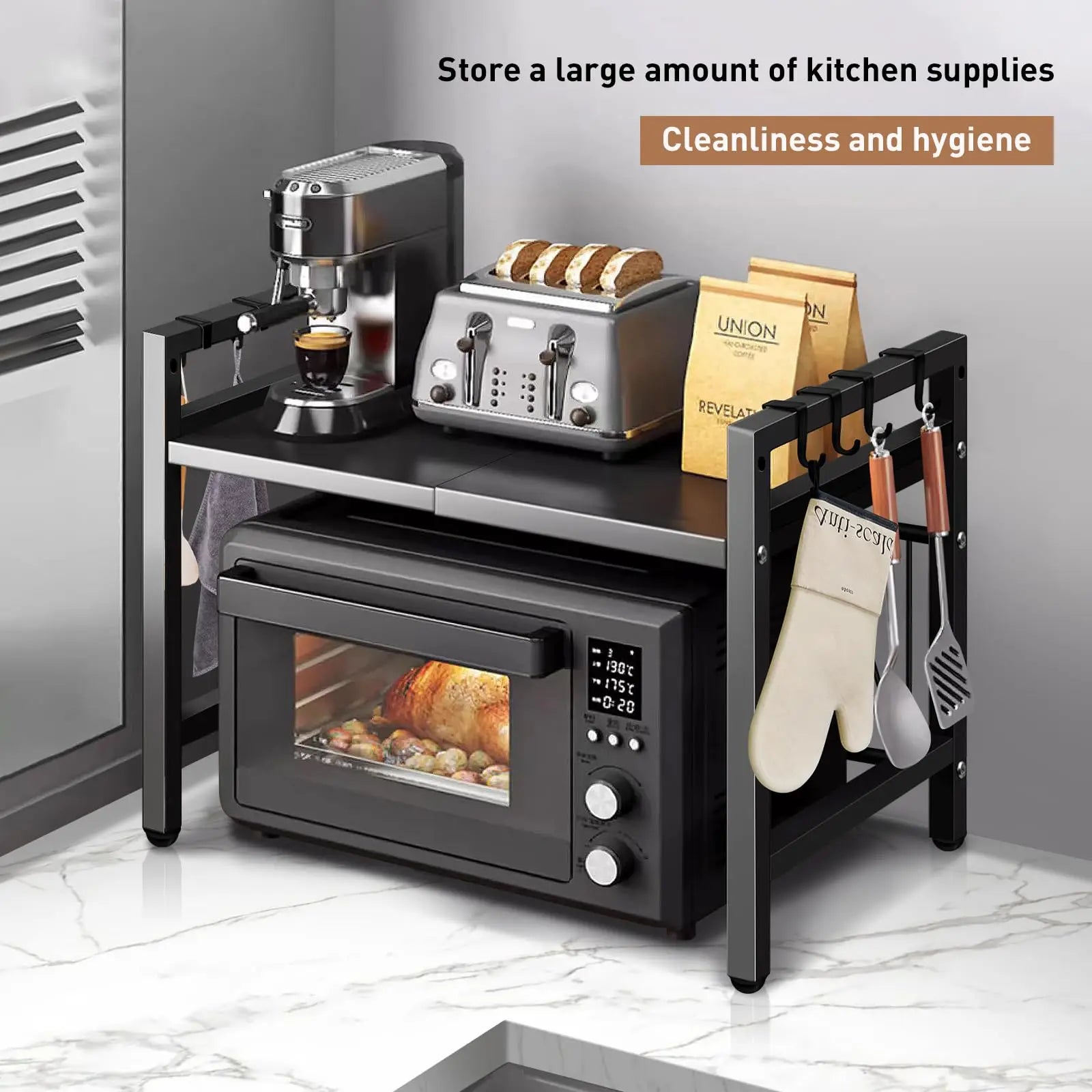 Expandable Microwave Shelf Organizer | Adjustable Kitchen Counter Storage Rack | Rust-Resistant Microwave Stand for Tableware & Kitchen Essentials