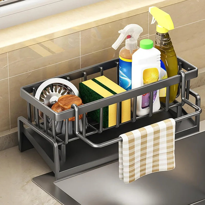 Kitchen Sink Organizer Rack | Carbon Steel Sponge Holder with Drain Tray | Countertop Kitchen Sink Caddy for Brushes & Soap Storage