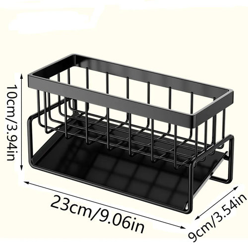 Kitchen Sink Organizer Rack | Carbon Steel Sponge Holder with Drain Tray | Countertop Kitchen Sink Caddy for Brushes & Soap Storage