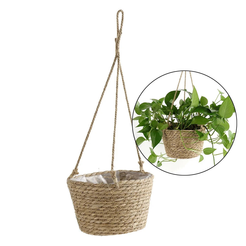 Straw Hanging Basket Flower Planter | Handwoven Twine Woven Plant Basket for Indoor & Outdoor Home Decor