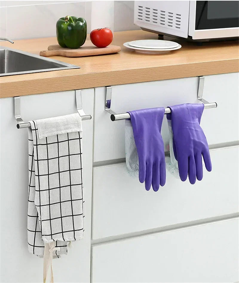 Stainless Steel Over Cabinet Towel Bar | Punch-Free Kitchen & Bathroom Door Towel Holder | Hanging Organizer Rack