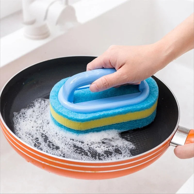 Household Cleaning Brush with Handle | Thick Sponge Scrub Brush for Kitchen & Bathroom | Bathtub Sink Floor & Wall Cleaning Tool | Reusable Scouring Brush