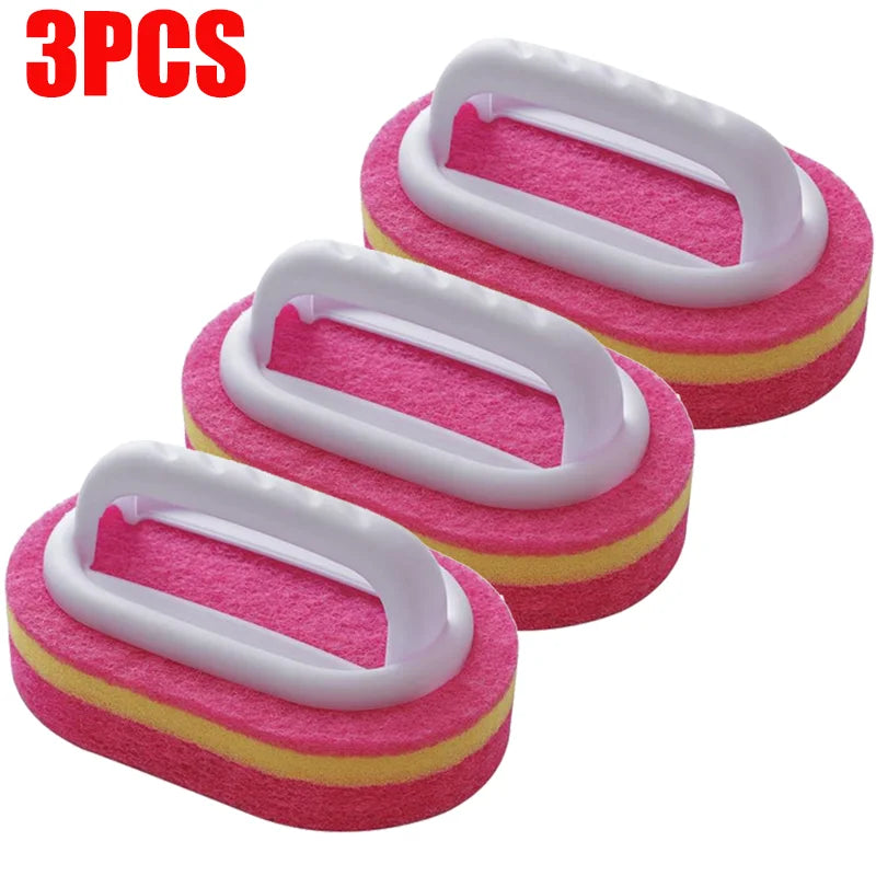 Household Cleaning Brush with Handle | Thick Sponge Scrub Brush for Kitchen & Bathroom | Bathtub Sink Floor & Wall Cleaning Tool | Reusable Scouring Brush