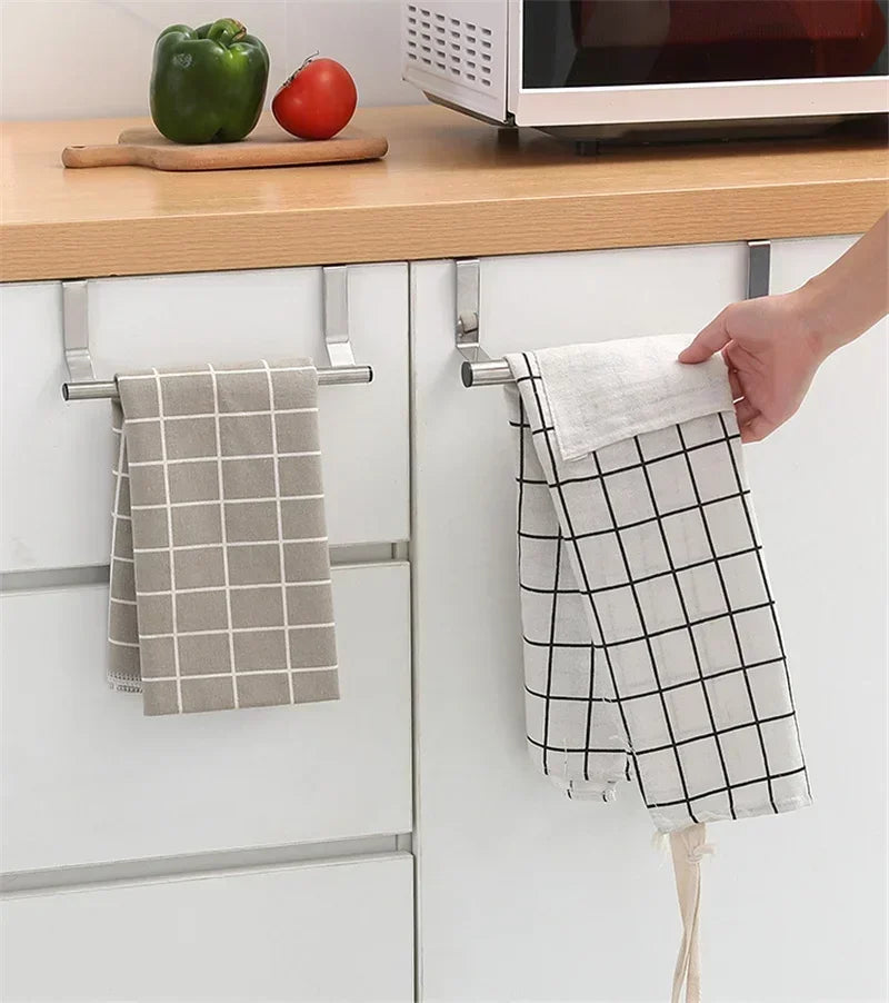 Stainless Steel Over Cabinet Towel Bar | Punch-Free Kitchen & Bathroom Door Towel Holder | Hanging Organizer Rack