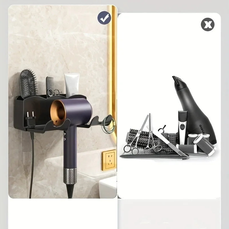 Wall Mounted Hair Dryer Organizer | No Drill Bathroom Storage Rack | Hair Dryer Holder