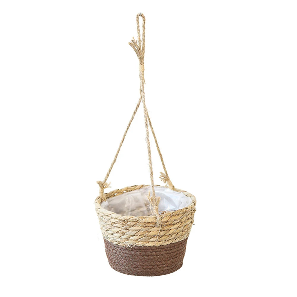 Straw Hanging Basket Flower Planter | Handwoven Twine Woven Plant Basket for Indoor & Outdoor Home Decor