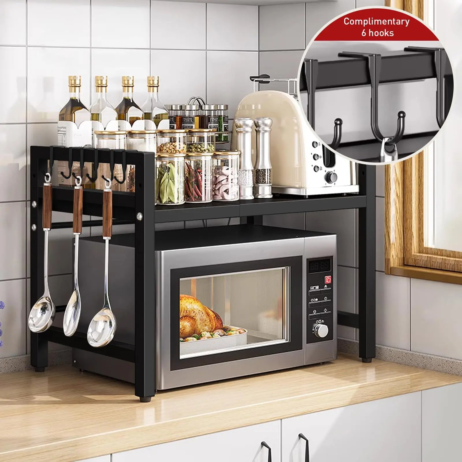 Expandable Microwave Shelf Organizer | Adjustable Kitchen Counter Storage Rack | Rust-Resistant Microwave Stand for Tableware & Kitchen Essentials