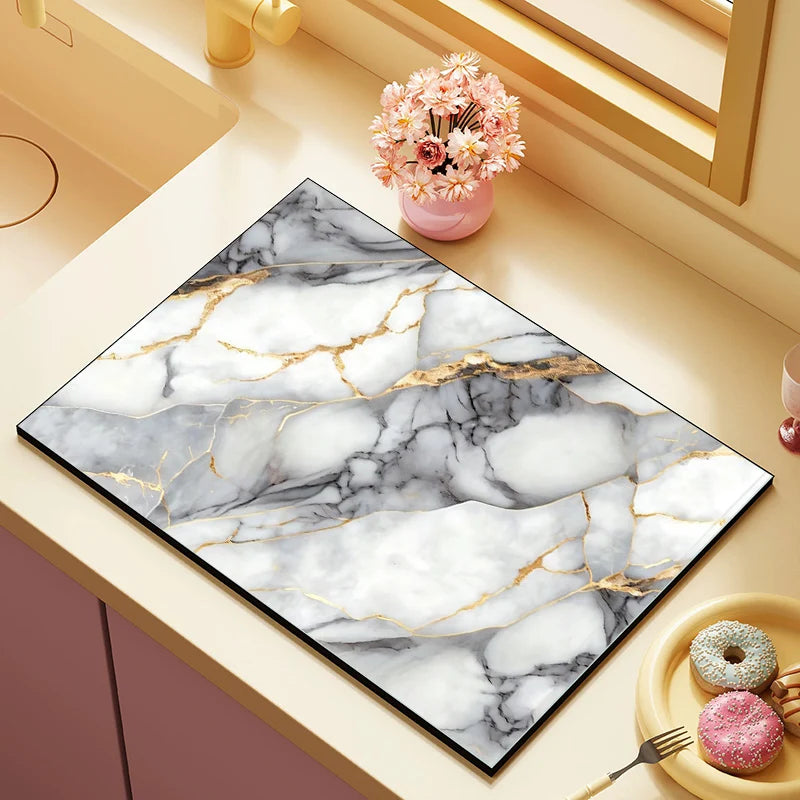 Luxury Marble Dish Drying Mat | Quick-Dry Coffee Maker & Countertop Drain Pad | Absorbent Kitchen Drying Mat