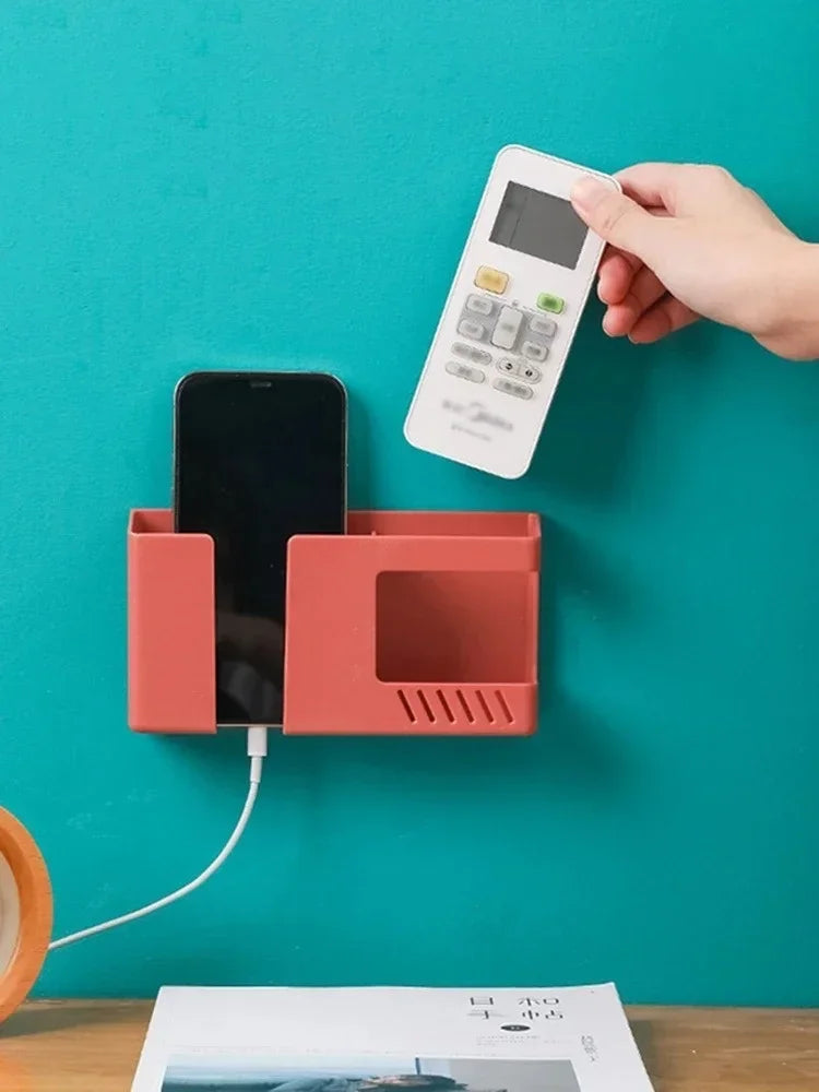Wall Mounted Remote Controller Storage Box Mobile Phone Charging Holder Storage Box Universal Phone Stand Pen Pencil Organizer