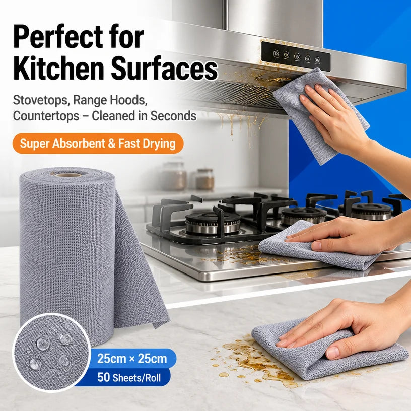 50-Pack Tear-Off Microfiber Cleaning Cloths | Non-Stick Grease-Resistant Kitchen Towels for Counters, Stovetops & Range Hoods