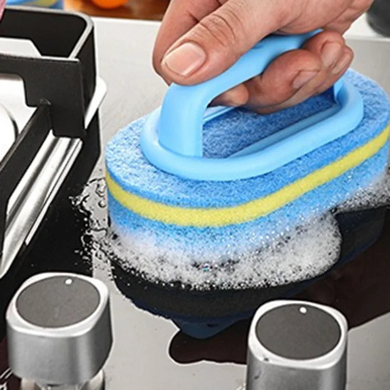 Household Cleaning Brush with Handle | Thick Sponge Scrub Brush for Kitchen & Bathroom | Bathtub Sink Floor & Wall Cleaning Tool | Reusable Scouring Brush