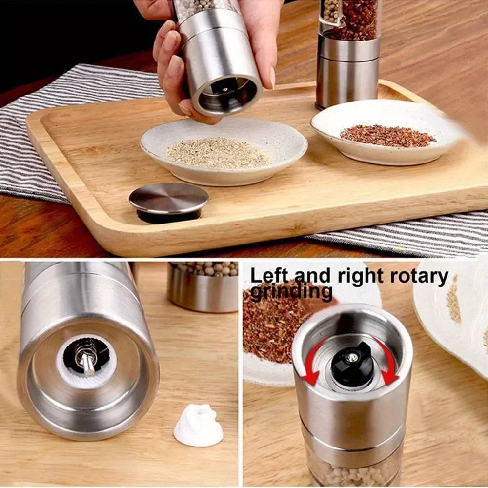 2-in-1 Salt & Pepper Grinder | Dual Chamber Manual Spice Mill with Adjustable Grinders | Stainless Steel Salt and Pepper Shaker | Kitchen Accessory
