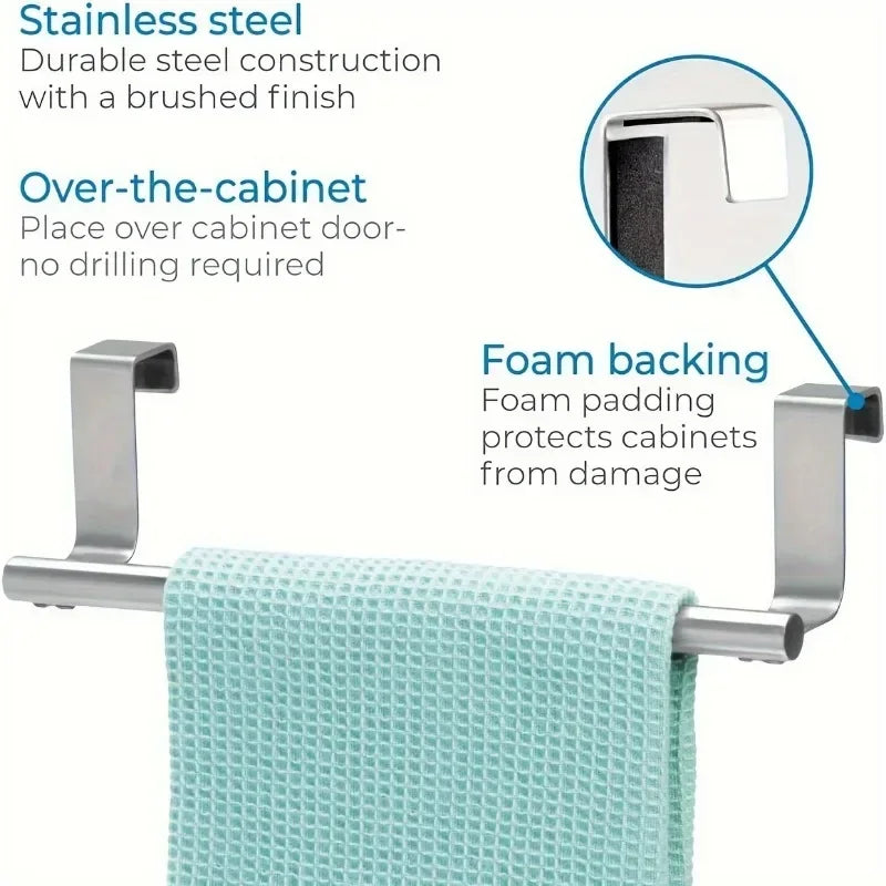 Stainless Steel Over Cabinet Towel Bar | No Drilling Kitchen & Bathroom Door Towel Holder | Hanging Organizer Rack | Bar Only. Towel NOT Included