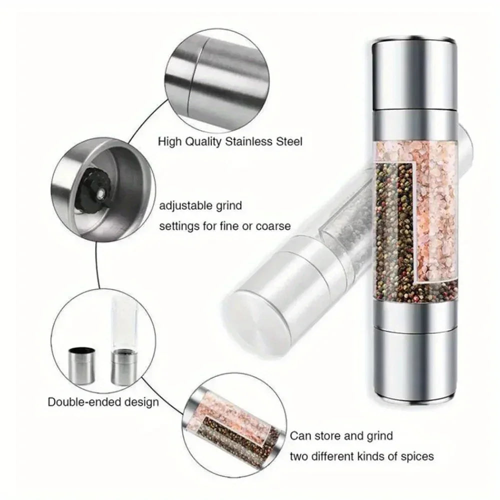 2-in-1 Salt & Pepper Grinder | Dual Chamber Manual Spice Mill with Adjustable Grinders | Stainless Steel Salt and Pepper Shaker | Kitchen Accessory