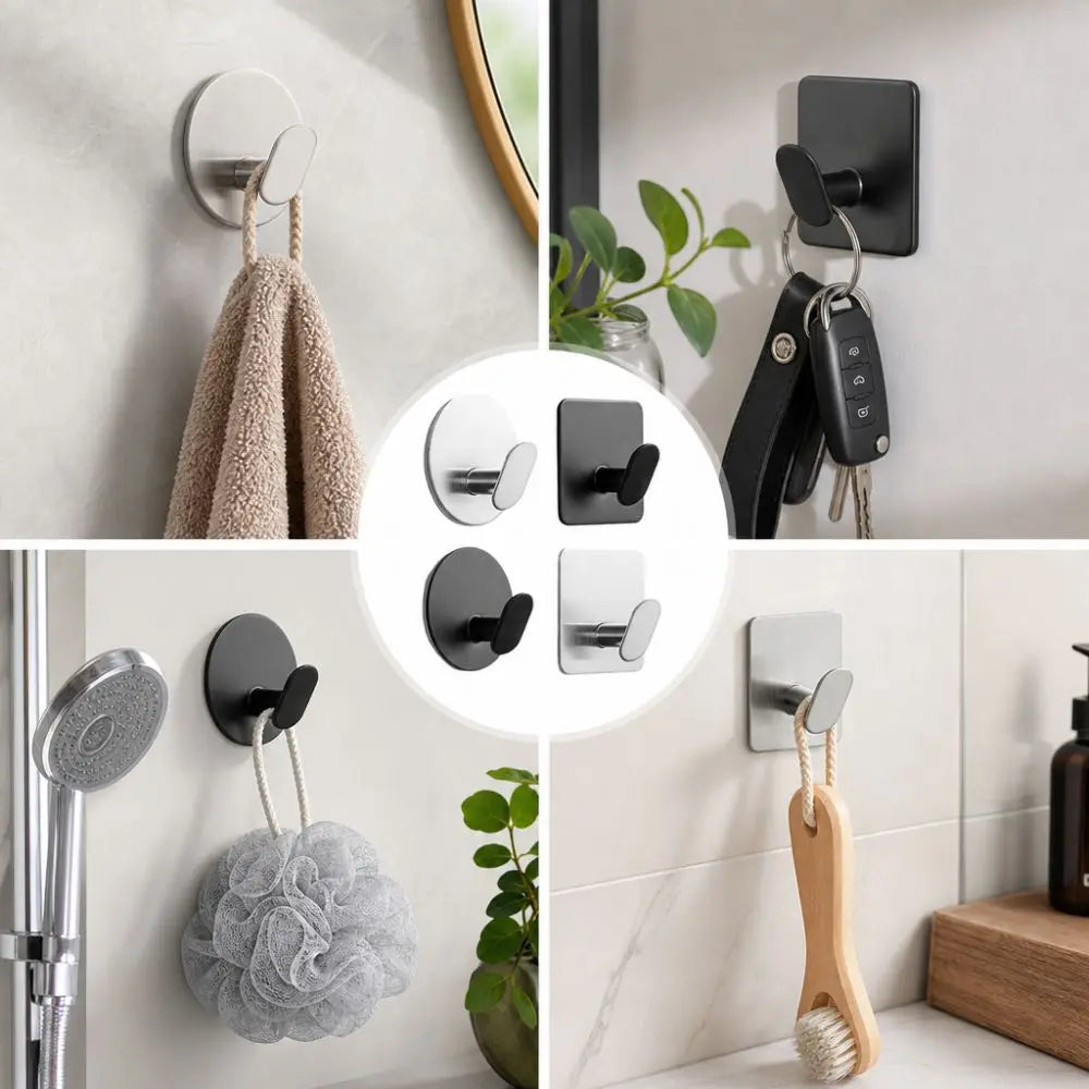 3pcs Multi-purpose Stainless Steel Wall Hooks Rust Proof Adhesive Hooks Bathroom Clothes Hooks Organization Accessory