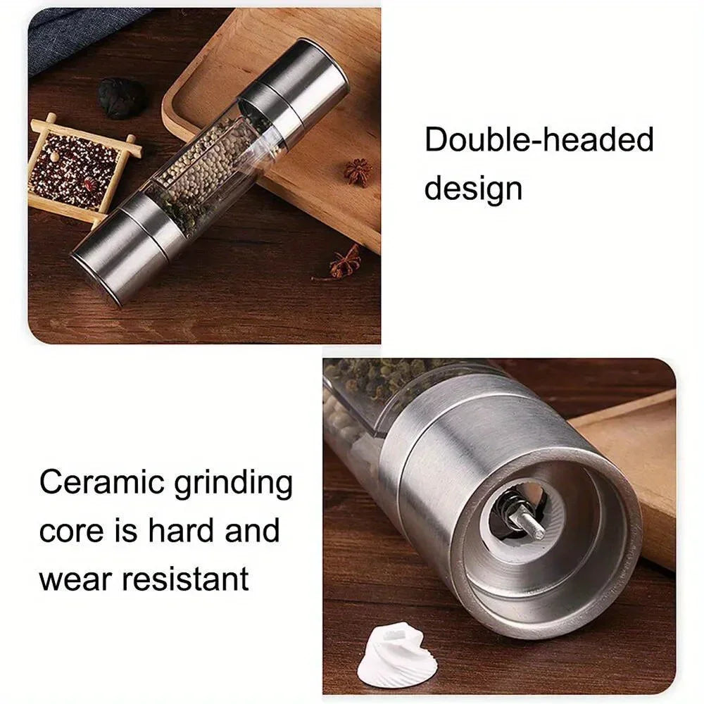 2-in-1 Salt & Pepper Grinder | Dual Chamber Manual Spice Mill with Adjustable Grinders | Stainless Steel Salt and Pepper Shaker | Kitchen Accessory