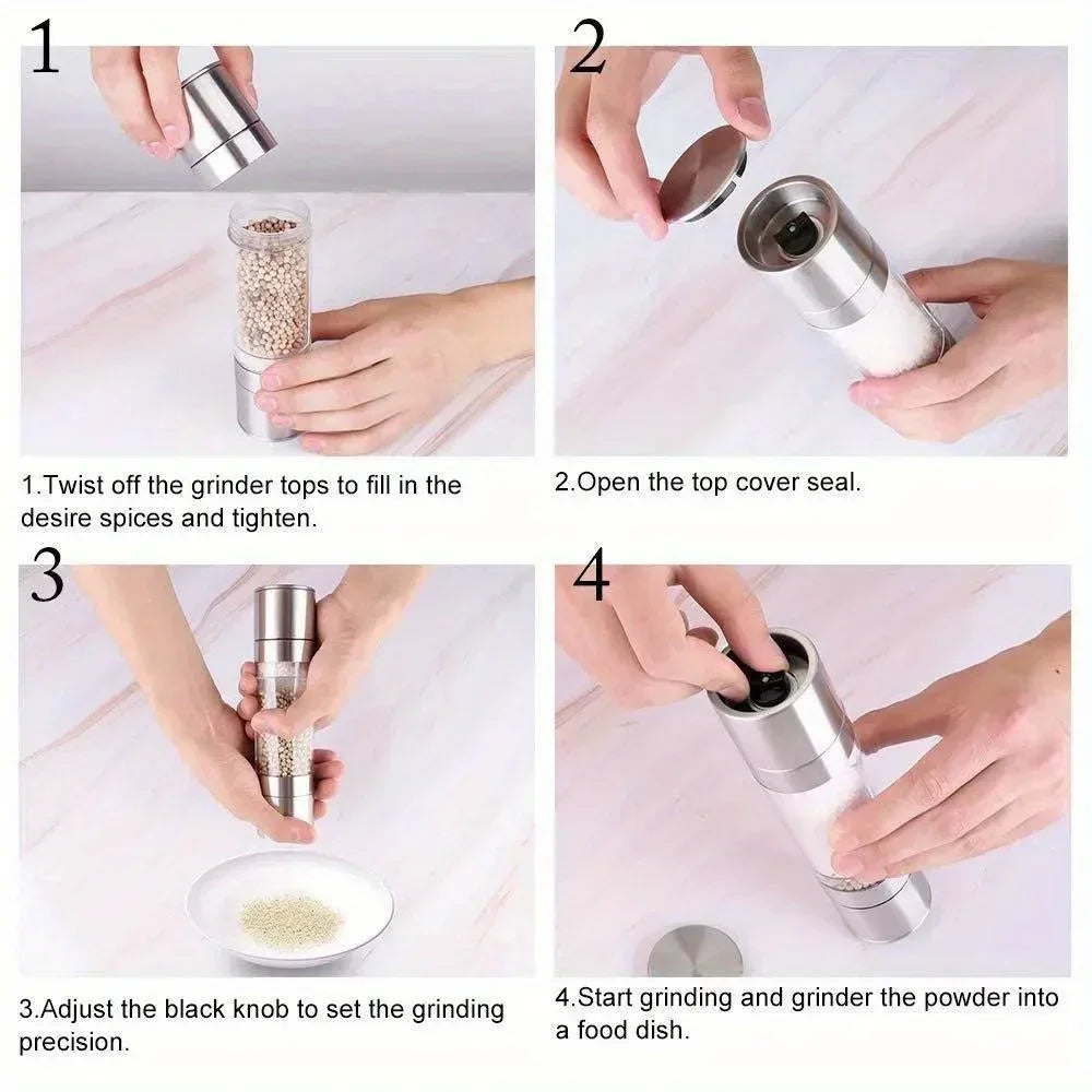 2-in-1 Salt & Pepper Grinder | Dual Chamber Manual Spice Mill with Adjustable Grinders | Stainless Steel Salt and Pepper Shaker | Kitchen Accessory