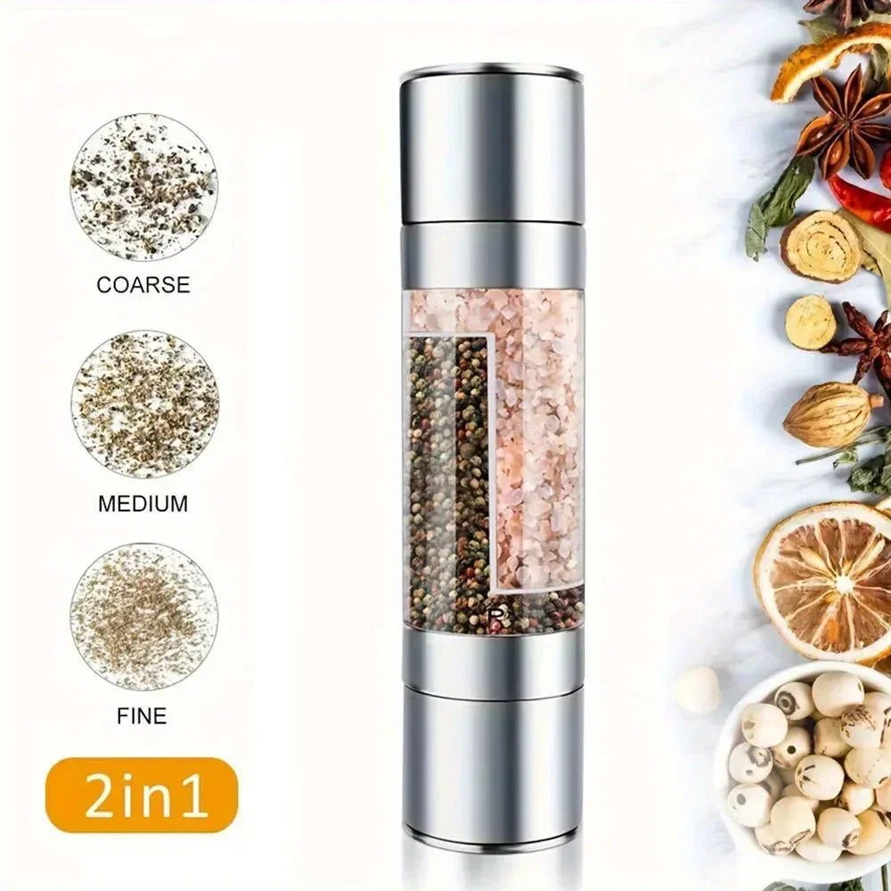 2-in-1 Salt & Pepper Grinder | Dual Chamber Manual Spice Mill with Adjustable Grinders | Stainless Steel Salt and Pepper Shaker | Kitchen Accessory