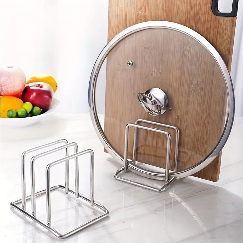 Stainless Steel Pot Lid & Cutting Board Organizer | Heavy-Duty Kitchen Counter Rack | Space-Saving Cookware Storage Holder