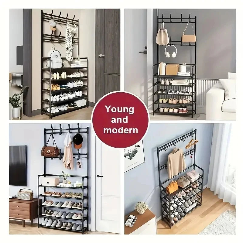 Coat Hanger with Shoe Rack | Entryway Hall Tree with Double Hooks for Jackets, Hats & Bags | Home Organization