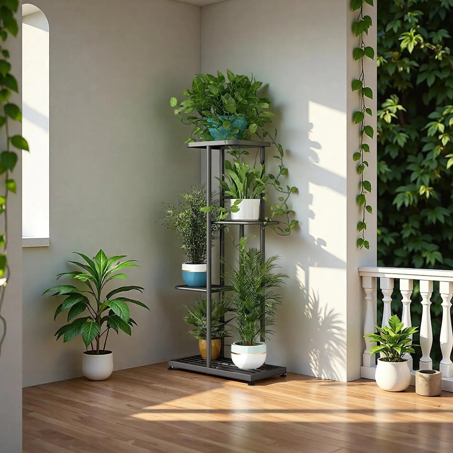 4-Tier Metal Plant Stand | Indoor & Outdoor Corner Plant Shelf for Patio, Balcony, Living Room & Garden
