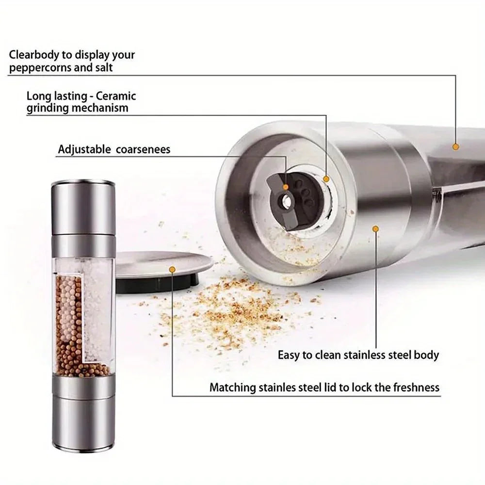 2-in-1 Salt & Pepper Grinder | Dual Chamber Manual Spice Mill with Adjustable Grinders | Stainless Steel Salt and Pepper Shaker | Kitchen Accessory