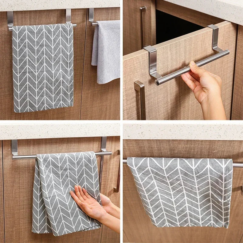 Stainless Steel Over Cabinet Towel Bar | Punch-Free Kitchen & Bathroom Door Towel Holder | Hanging Organizer Rack