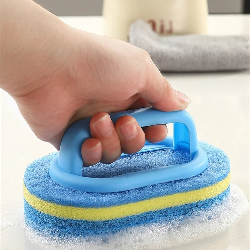 Household Cleaning Brush with Handle | Thick Sponge Scrub Brush for Kitchen & Bathroom | Bathtub Sink Floor & Wall Cleaning Tool | Reusable Scouring Brush