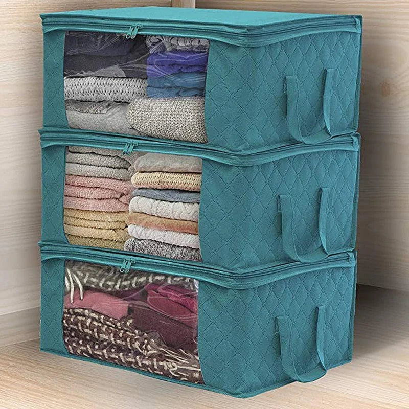 Large Foldable Storage Bin with Clear Window | Stackable Clothing & Blanket Organizer with Handles | Closet & Under Bed Storage