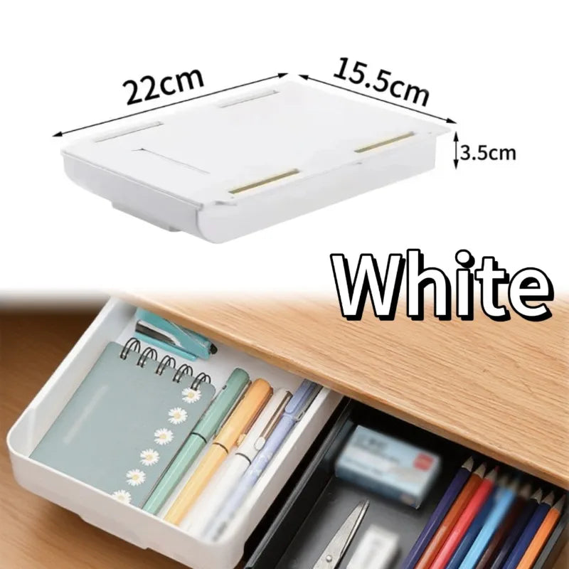 Hidden Under Desk Storage Drawer | Self-Adhesive Sliding Organizer Box | Desk Drawer for Office Supplies, Makeup & Accessories