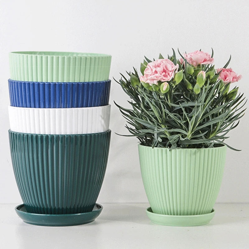 Small Indoor Flower Pot with Drainage Tray | Round Plastic Planter for Succulents, Herbs & Houseplants | Desk & Home Decor