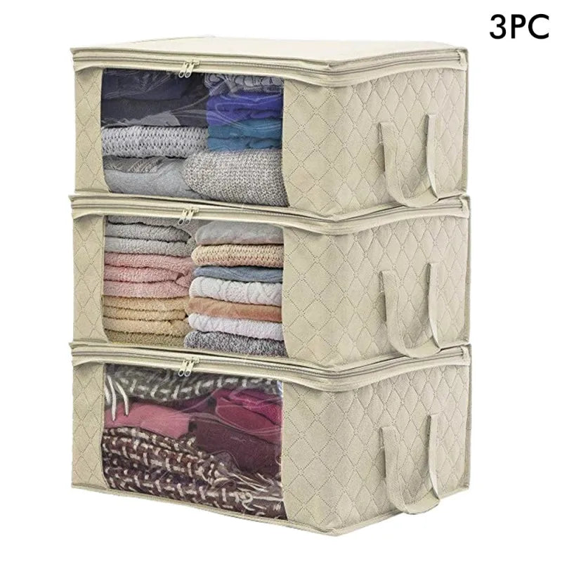 Large Foldable Storage Bin with Clear Window | Stackable Clothing & Blanket Organizer with Handles | Closet & Under Bed Storage